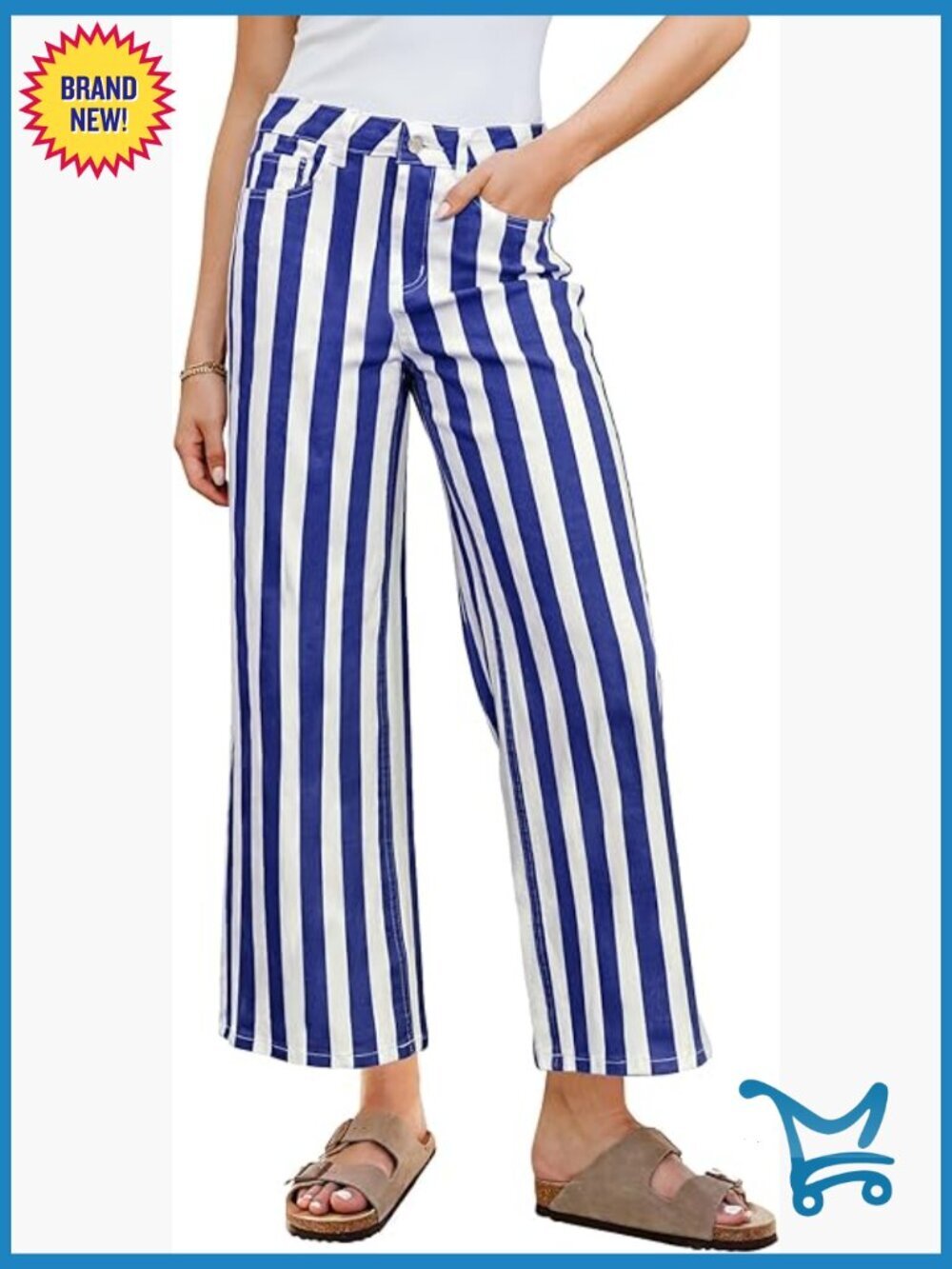 Striped Wide Leg High Waisted Stretchy Denim Jeans with Pockets